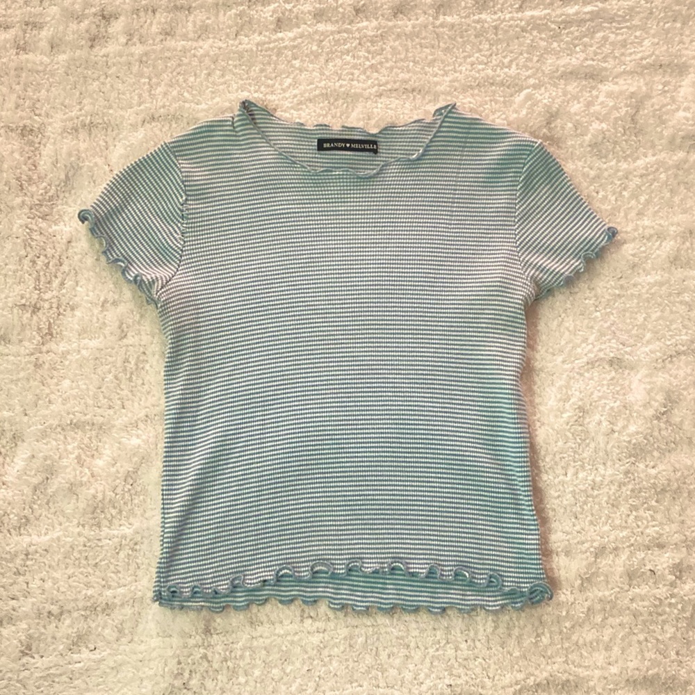 Brandy Melville Baby Tee, Blue and White Striped, Ruffled Hem